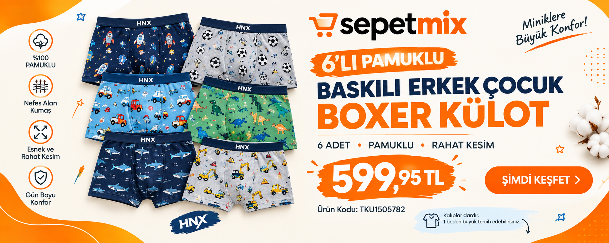 sepetmix erkek çocuk 6 lı boxer